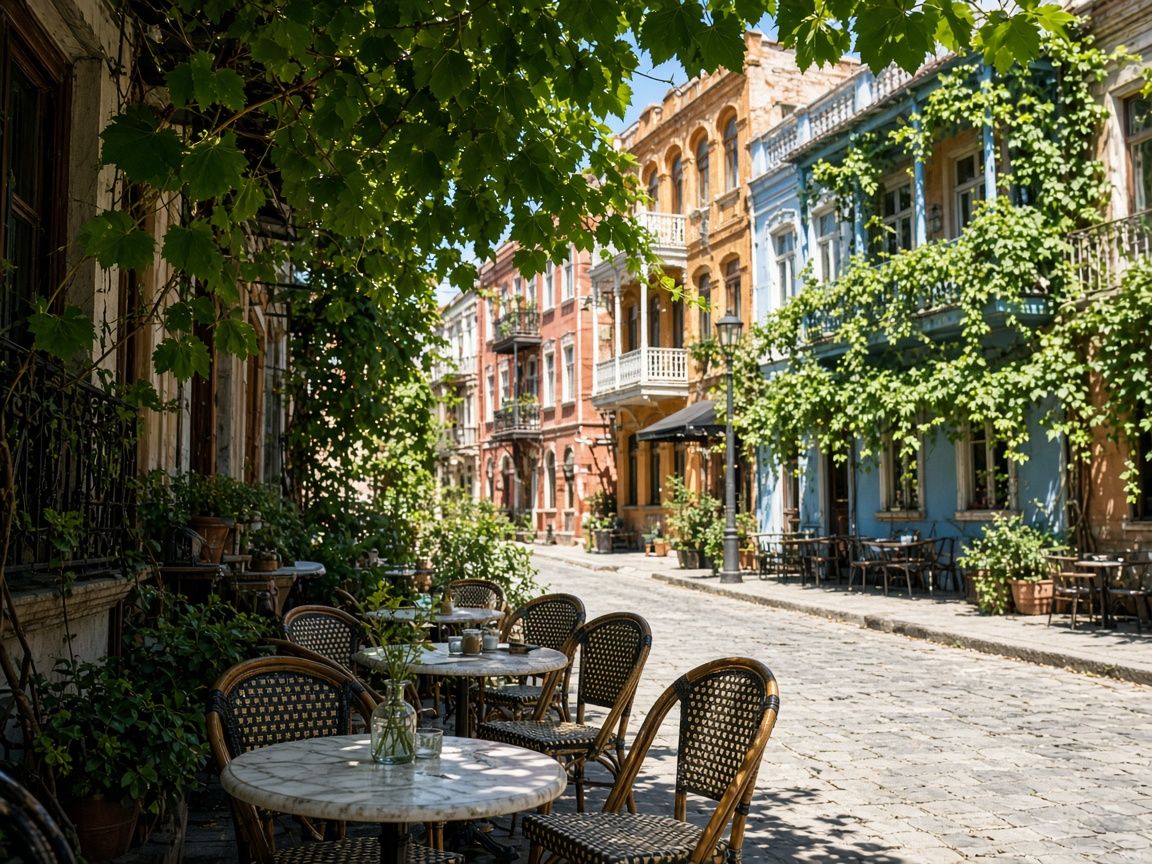 Gasse mit begrünten Häusern und Café-Tischen in einer georgischen Stadt