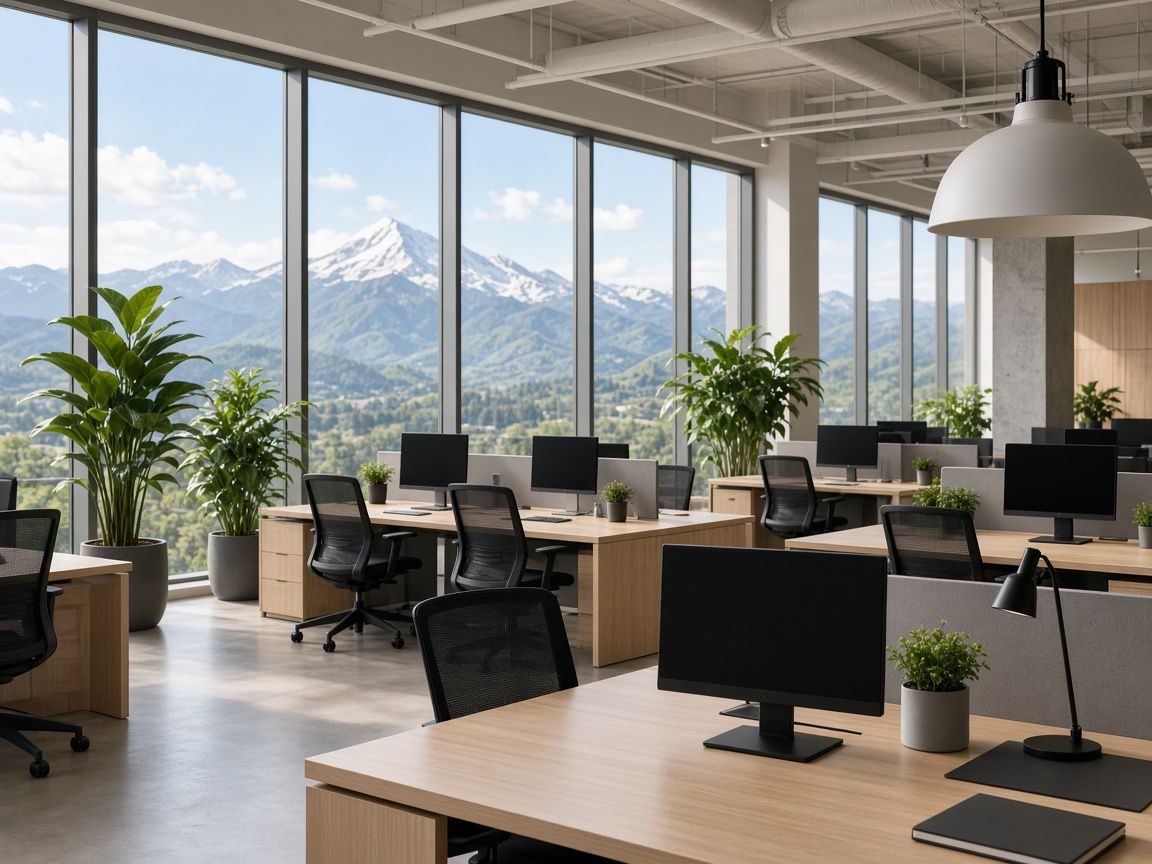 Helles Büro mit Blick auf schneebedeckte Berge